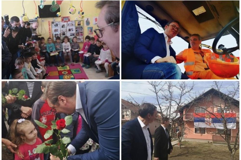 PREDSEDNIK OBILAZI SREMSKI OKRUG: Vučić u Belegišu damama delio ruže, a evo šta su ga sve pitali klinci u vrtiću! Počelo i asfaltiranje puta u Inđiji (FOTO)