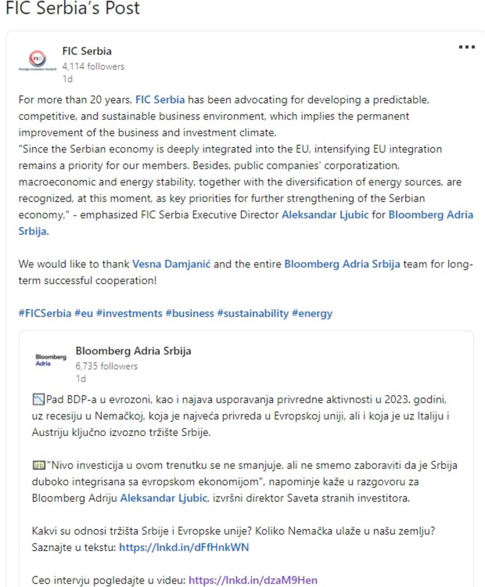 FCI Srbija je dao podršku i na Linkedin profilu